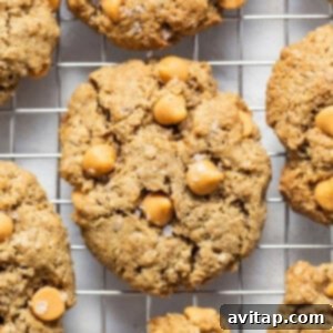 A single baked brown butter oatmeal butterscotch cookie on a white background.