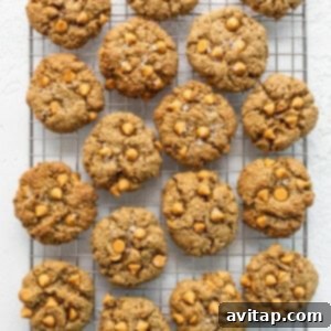 Freshly baked butterscotch oatmeal cookies cooling on a wire rack after being removed from the oven.