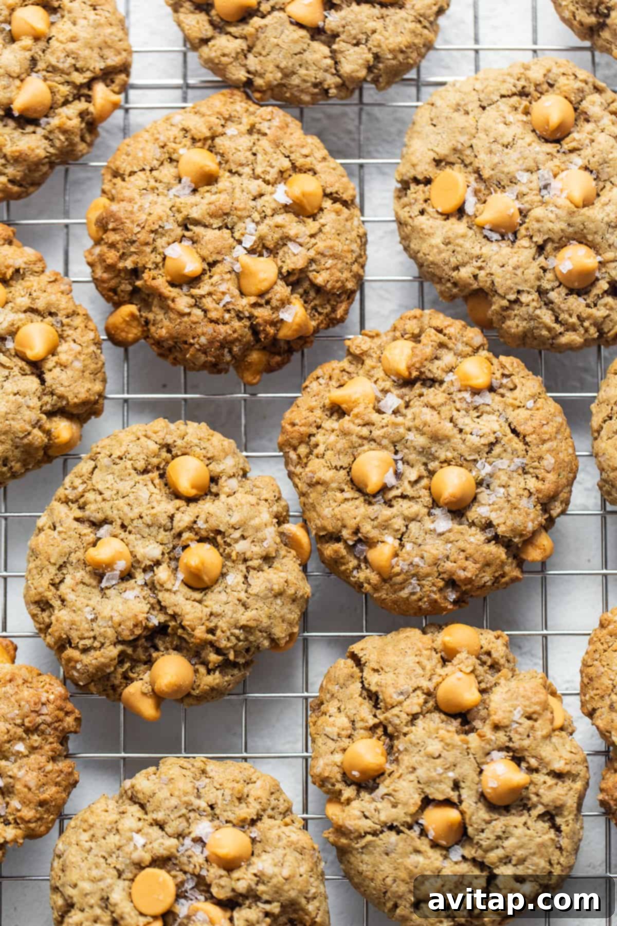 Freshly baked flourless brown butter oatmeal butterscotch cookies cooling on a wire rack, ready to be enjoyed.