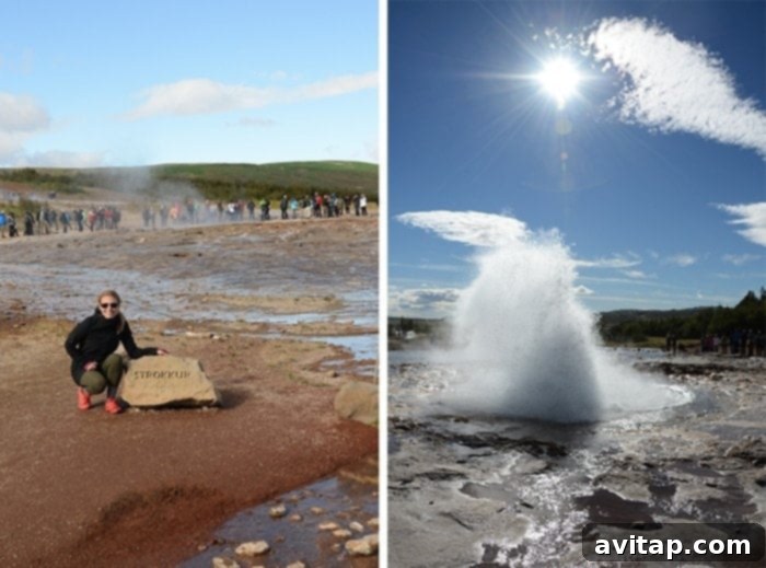 Strokkur Geysir erupting in Iceland, sending a column of water high into the air.