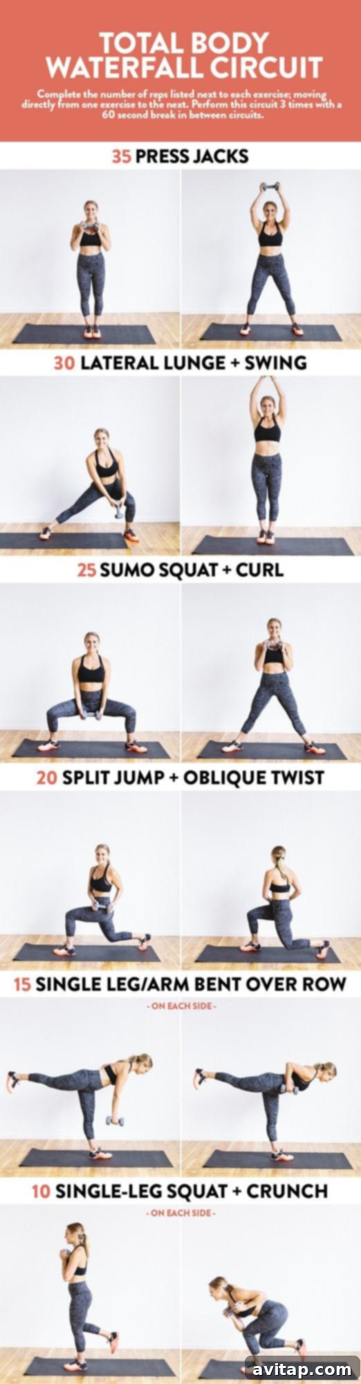 Execute this total body waterfall circuit with just one dumbbell for an incredibly effective full-body strength and endurance workout.