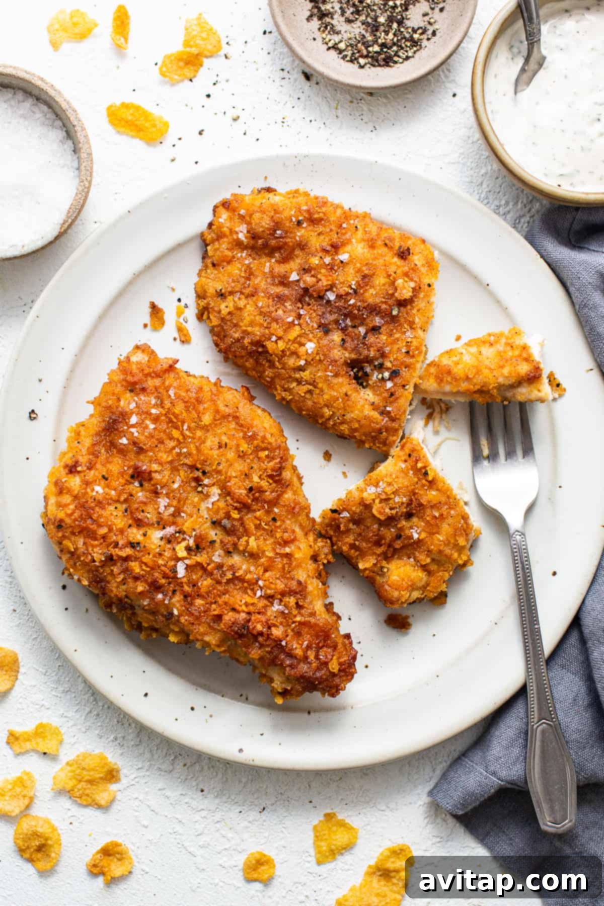 Crispy pan-fried chicken breast served whole on a white plate, showcasing its golden crust.