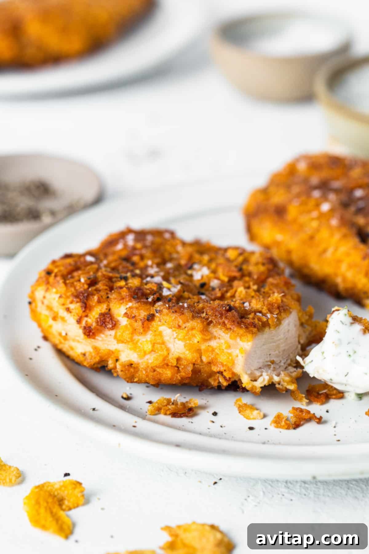 Sliced crispy chicken breast on a plate, revealing its juicy interior and golden crust.