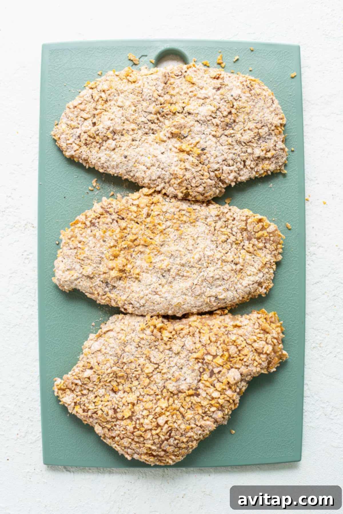 Uncooked, breaded chicken breasts ready for pan-frying, showing the textured cornflake coating.