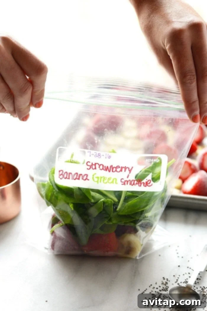 Making a smoothie in under 60 seconds with meal prep in a bag. Features a Strawberry Banana Green Smoothie ready to blend.