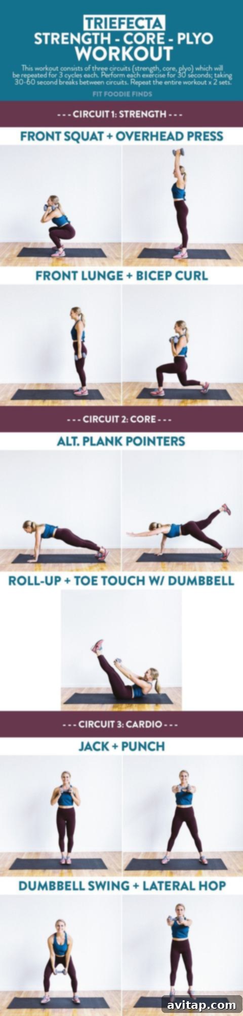 Complete your Trifecta workout with this visual guide, combining strength, core, and plyometrics for a total body challenge using only dumbbells!