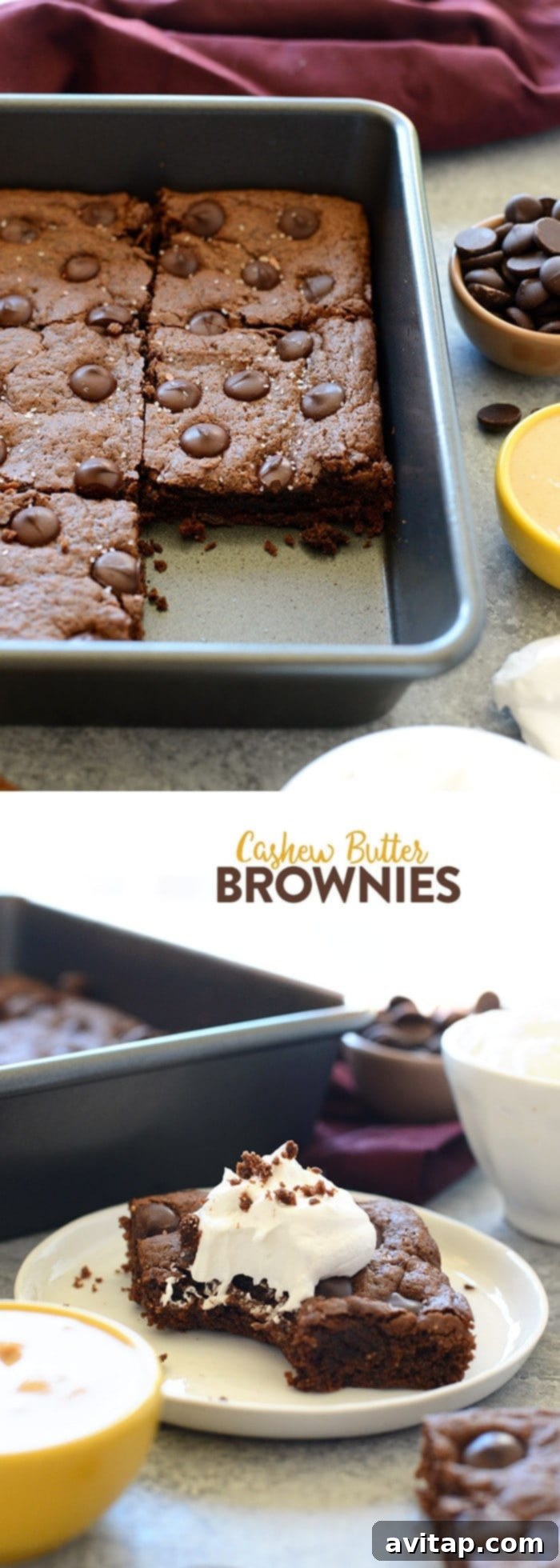 A tray of freshly baked Flourless Cashew Butter Brownies, perfectly cut into squares and ready to be enjoyed.