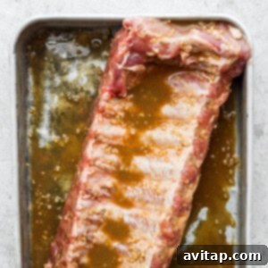 A piece of raw meat resting in a pan, fully covered in a rich, brown marinade.