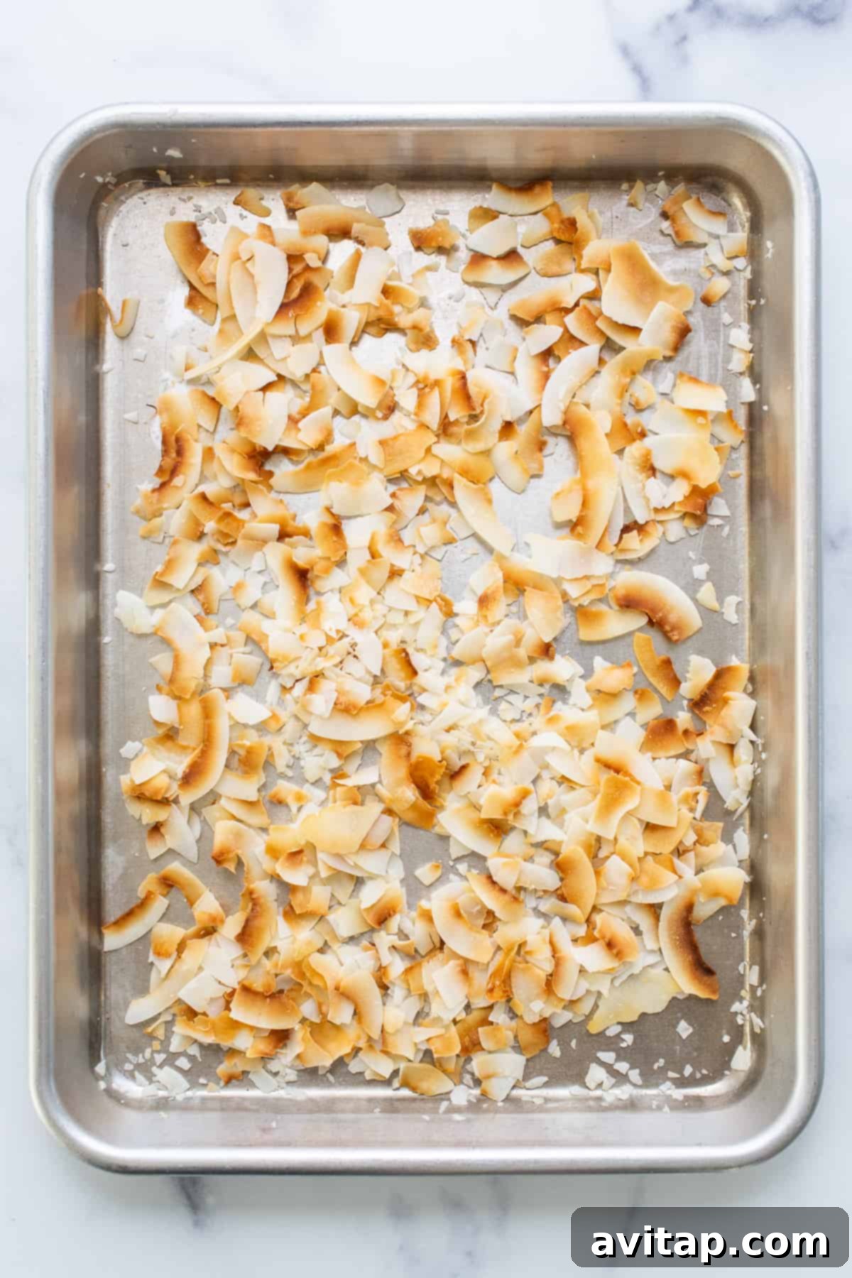 A large pan filled with the assembled coconut cream pie bars, topped generously with toasted coconut flakes, ready to be sliced and served.