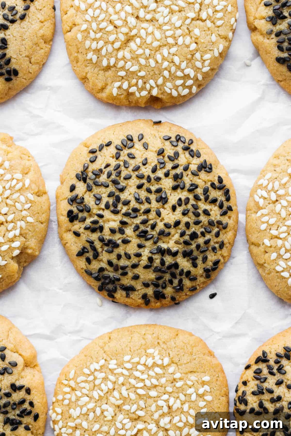 Golden Tahini sesame cookies coated in black sesame seeds, arranged on a cooling rack.