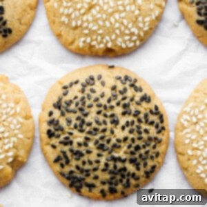 Golden Tahini sesame cookies coated in black sesame seeds.
