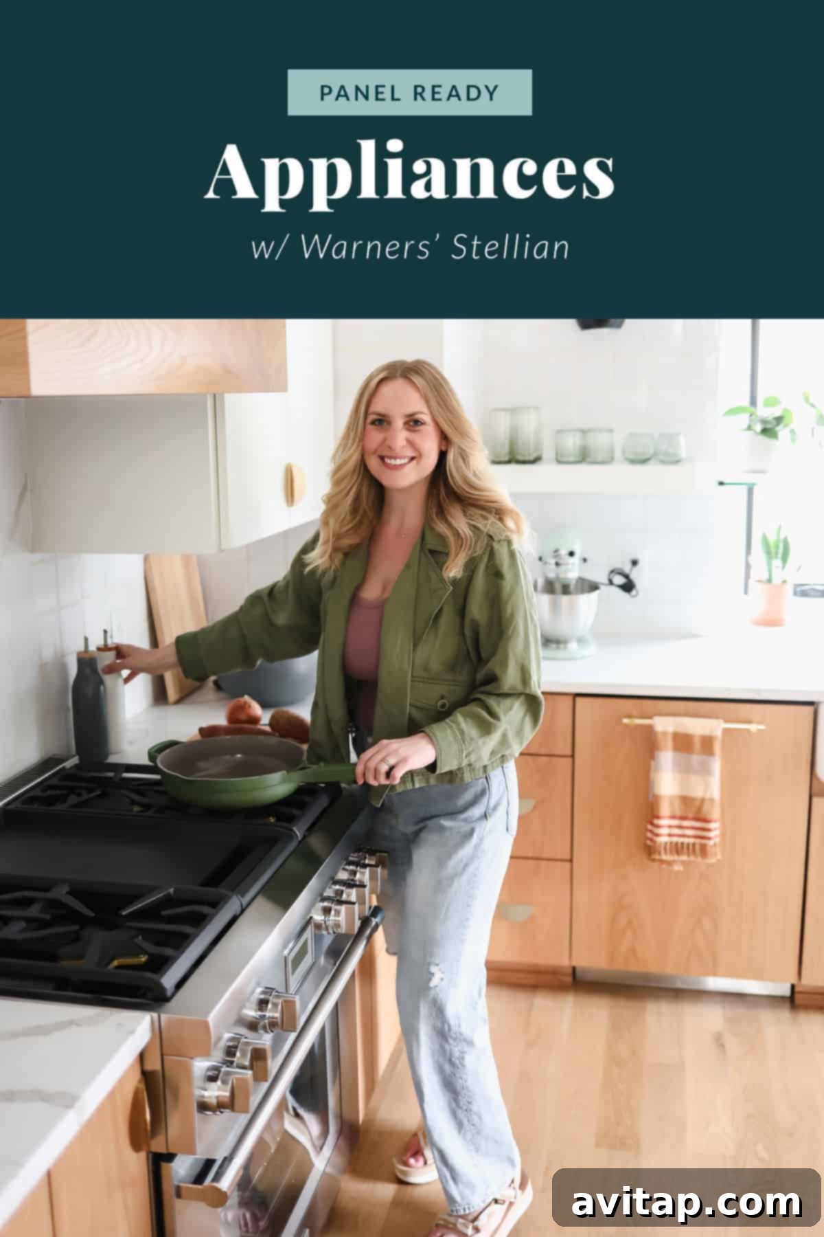 Lee, a food creator and mom, standing by her new Thermador oven with a pot and olive oil, highlighting the quality appliances in her dream kitchen.