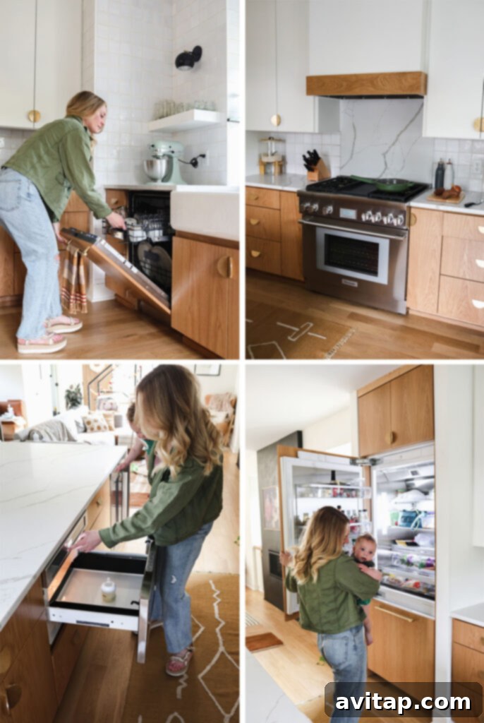 A collection of integrated Thermador kitchen appliances, including a refrigerator, dishwasher, and range, blending seamlessly into modern kitchen cabinetry.