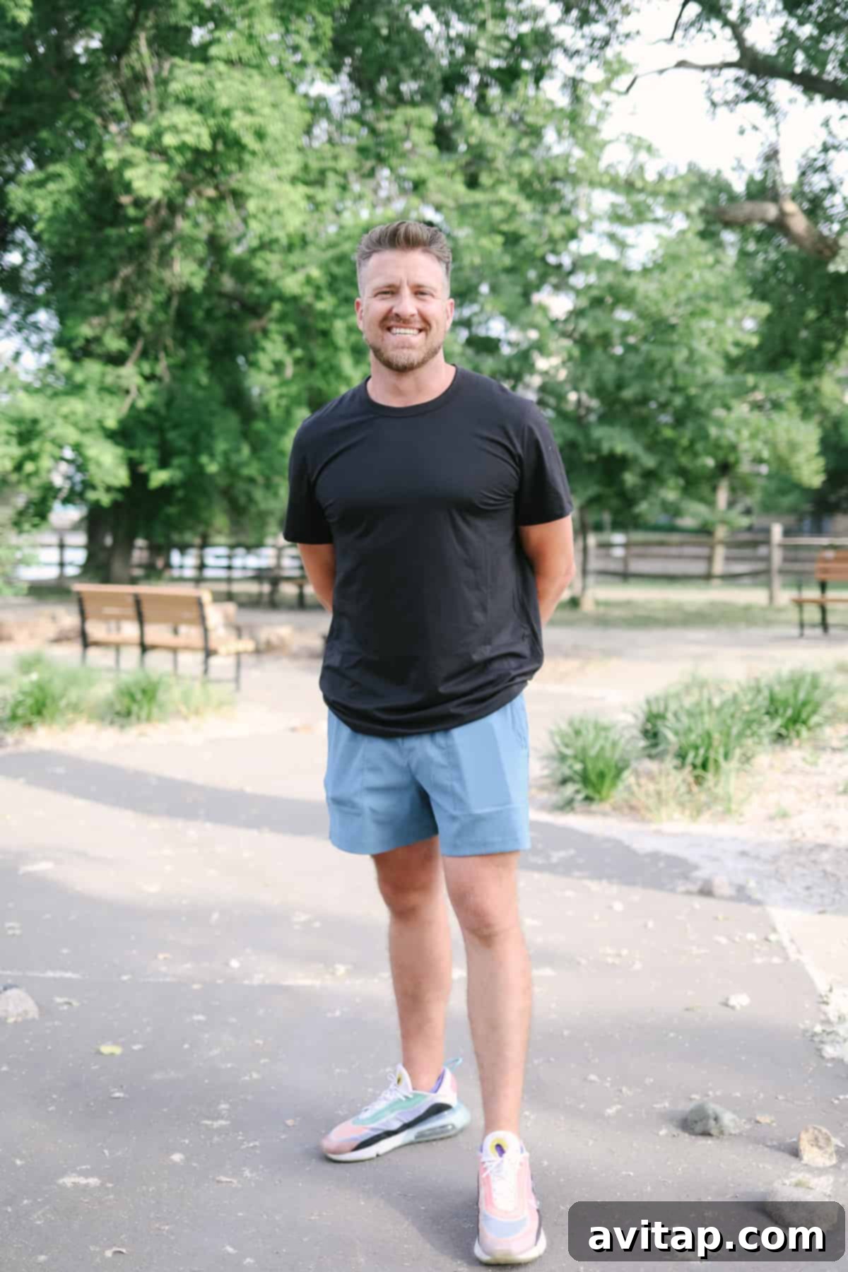 A man in Lululemon Bowline shorts enjoying a park setting, showcasing the relaxed, casual fit.