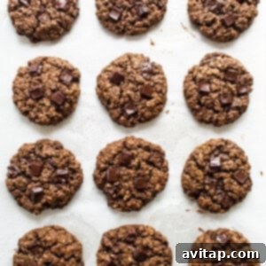 Freshly baked chocolate peanut butter oatmeal cookies on a baking sheet, just out of the oven, showing their perfect texture and cracks.