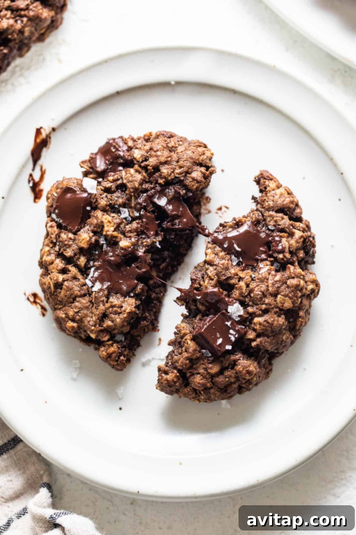 A close-up of a perfectly baked chocolate peanut butter oatmeal cookie with a bite taken out, revealing its soft, chewy interior and pockets of melted chocolate.