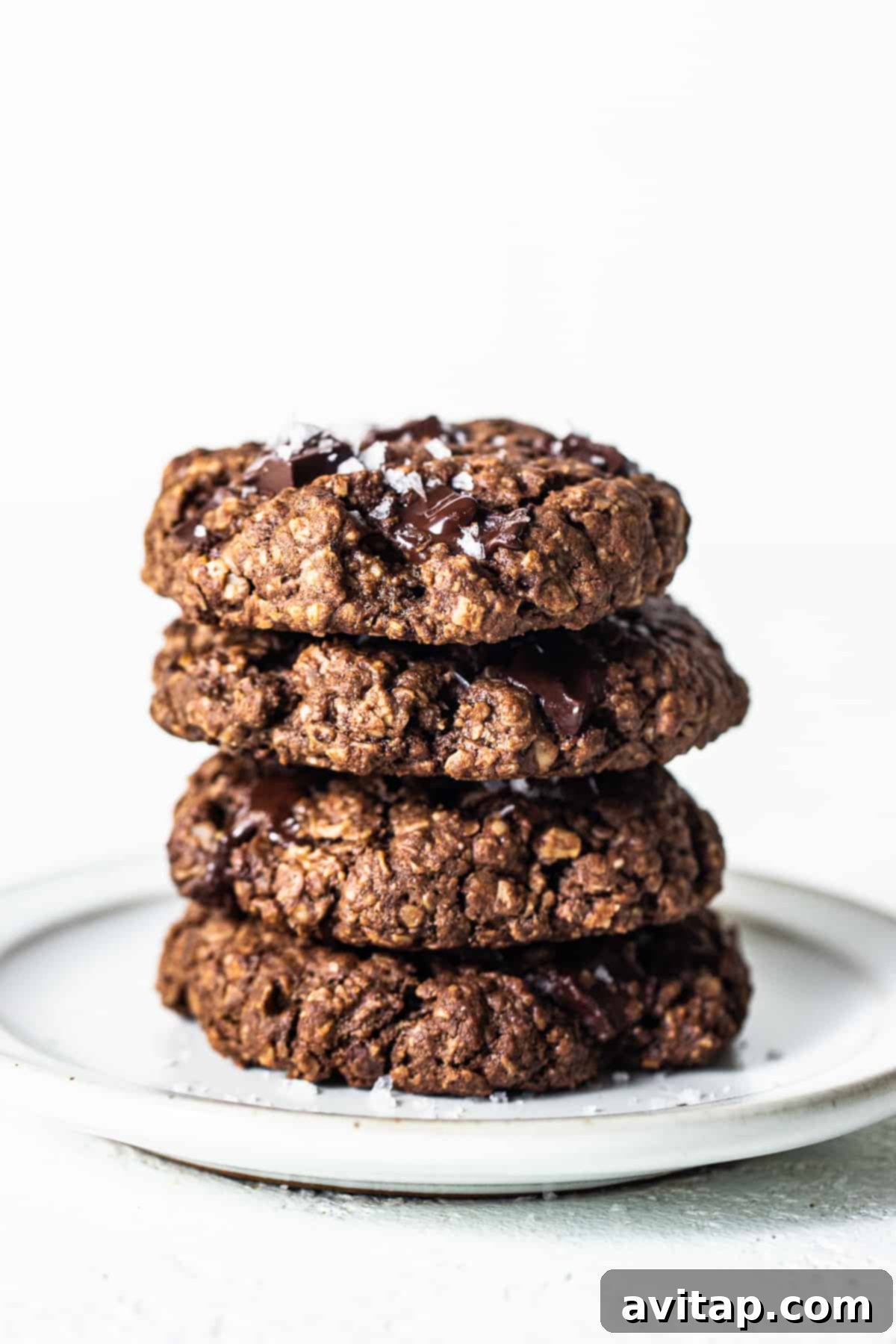 A neat stack of chocolate peanut butter oatmeal cookies on a plate, delicately garnished with flakey sea salt, ready to be enjoyed.