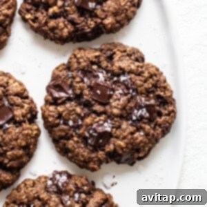 A square image of a stack of chocolate peanut butter oatmeal cookies on a white plate, highlighting the recipe.