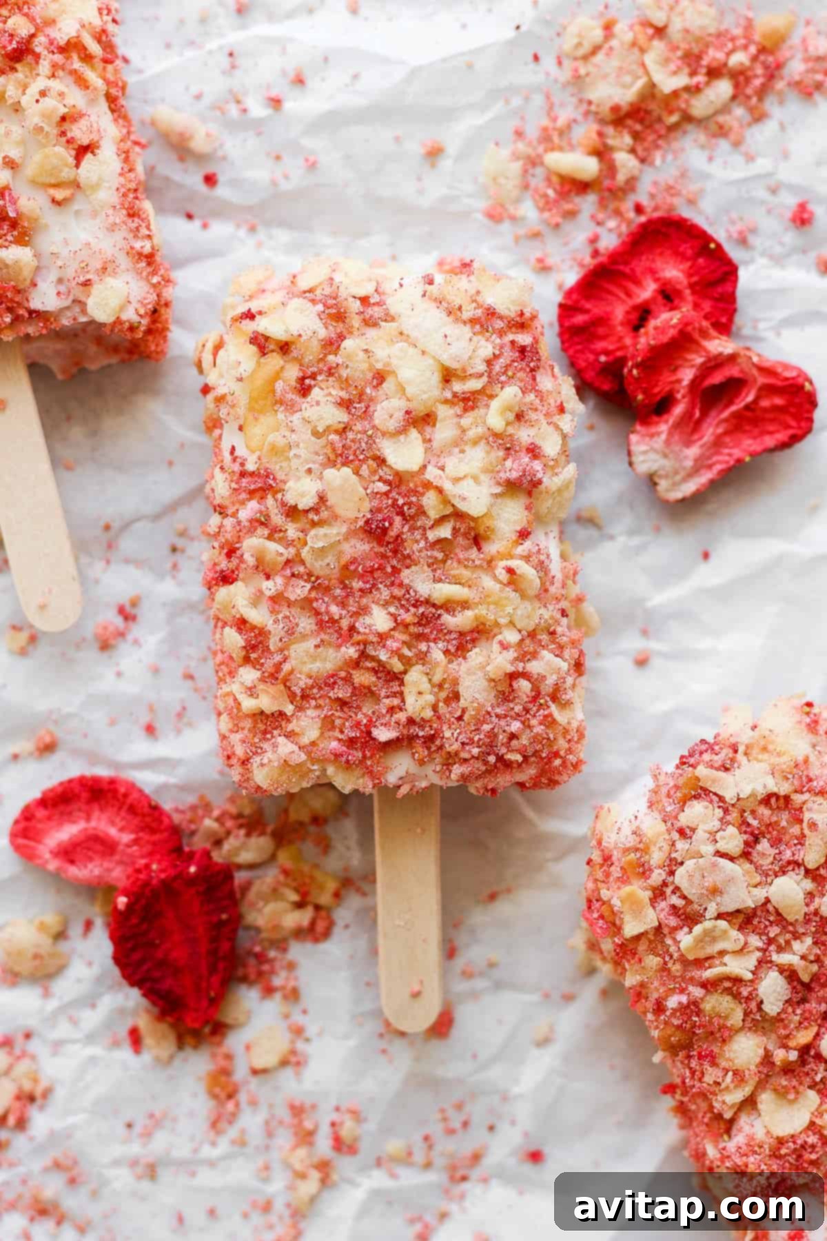 Vibrant strawberry shortcake ice cream bars on a parchment-lined sheet.