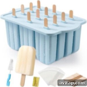 A blue box containing silicone popsicle molds and sticks.