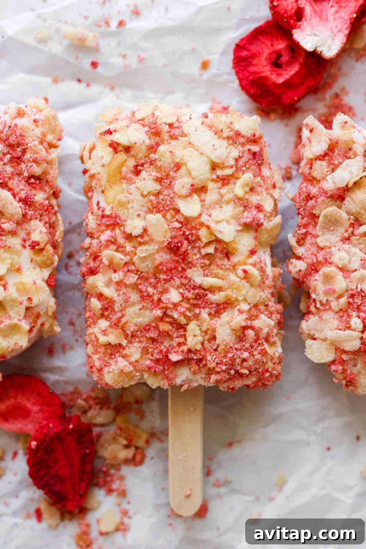 Three high-protein strawberry shortcake ice cream bars with berry and almond garnish.