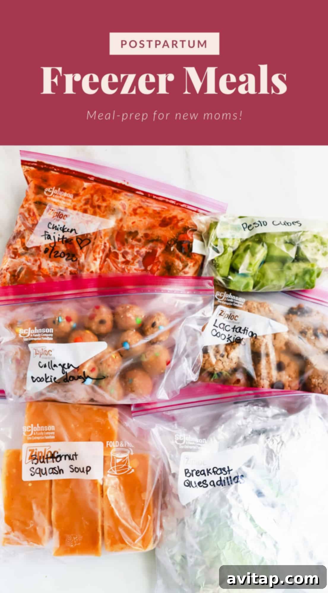 Postpartum Freezer Meal Prep Guide 2 A selection of healthy postpartum freezer meals, including soups and snacks, neatly packaged for new moms.