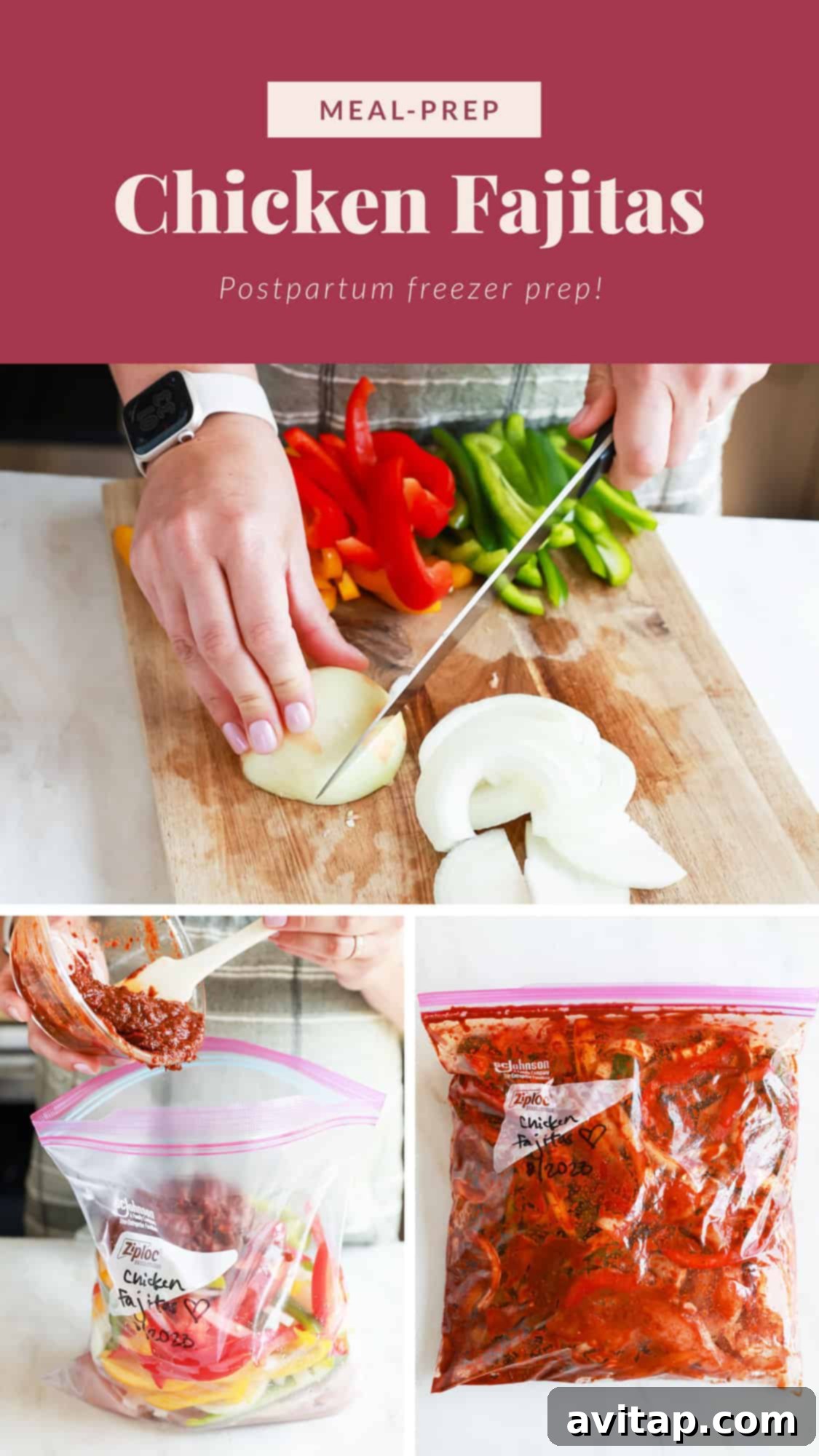 Postpartum Freezer Meal Prep Guide 10 Raw chicken fajita ingredients, including sliced peppers, onions, and chicken, neatly packed in a plastic freezer bag.