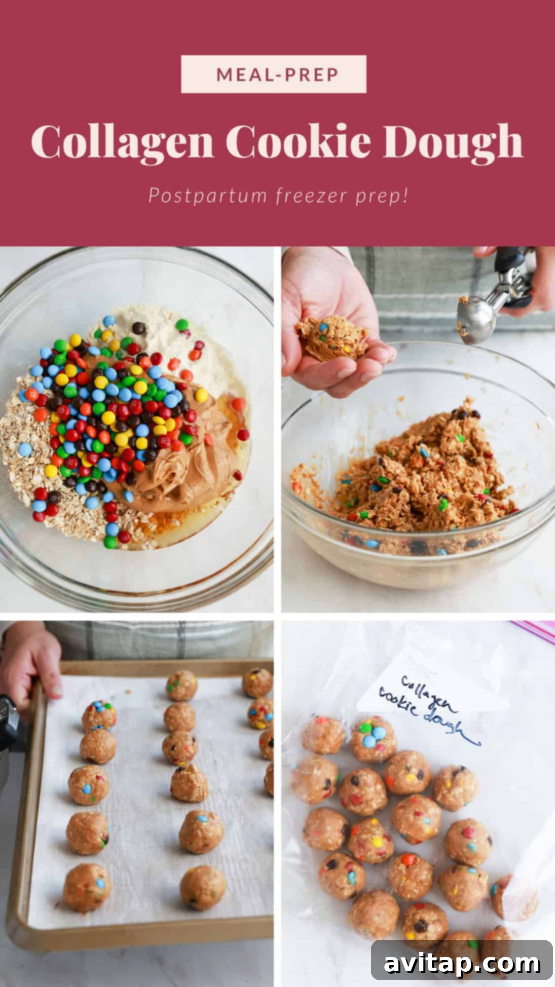 Postpartum Freezer Meal Prep Guide 12 A collage showing the preparation and final product of collagen cookie dough bites, a healthy snack.