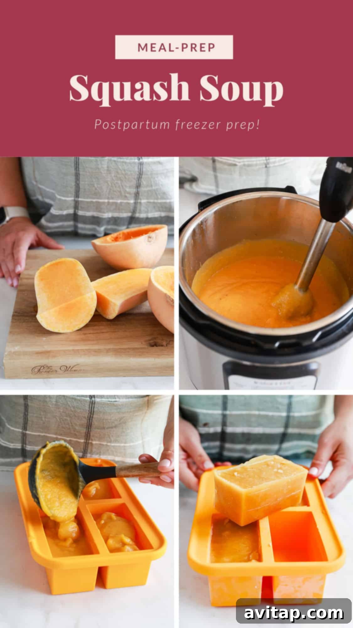 Postpartum Freezer Meal Prep Guide 5 Close-up of vibrant butternut squash soup in an Instant Pot, with ingredients nearby.