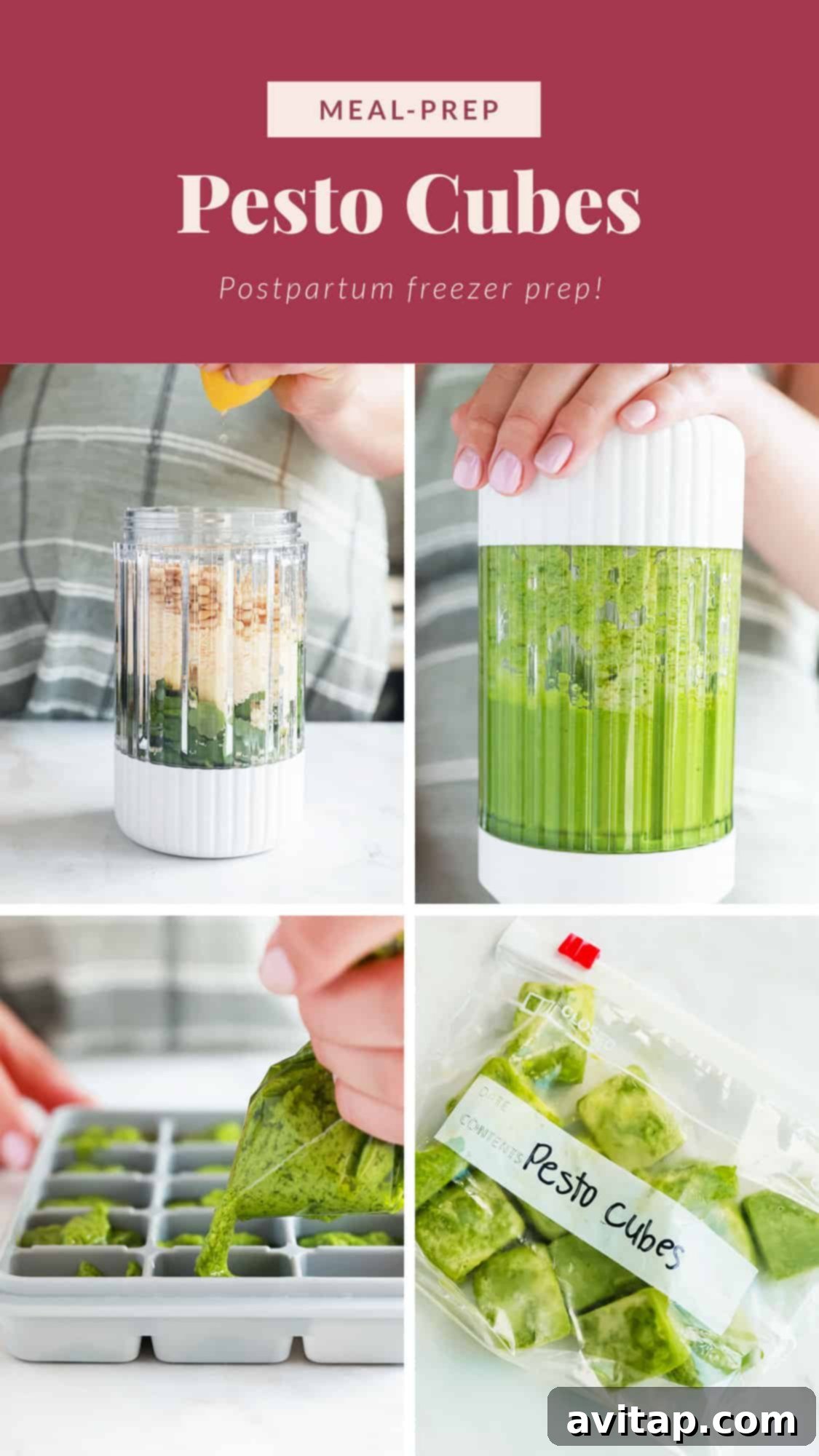 Postpartum Freezer Meal Prep Guide 7 Overhead view of fresh homemade pesto being poured into a small silicone ice cube tray for freezing.