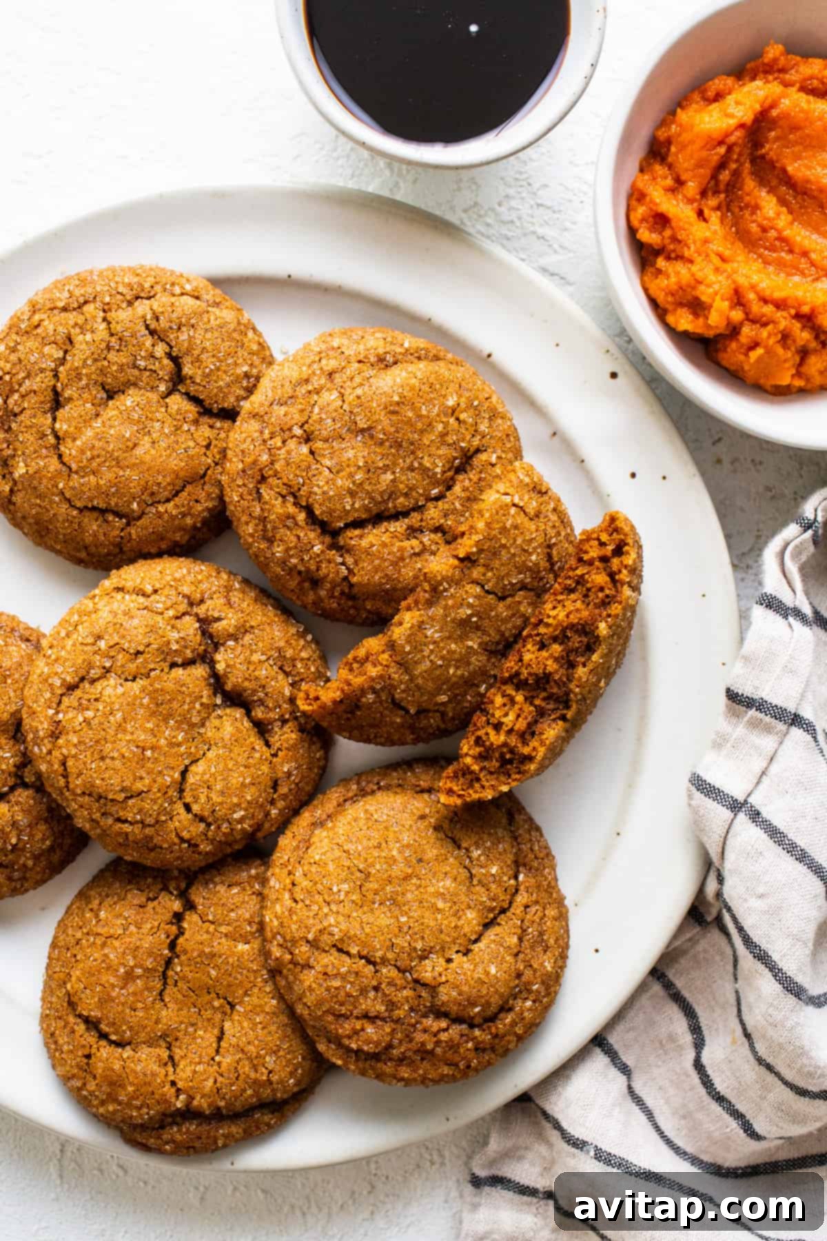 Warm Spiced Pumpkin Ginger Molasses Cookies 2 A plate of ginger cookies with a bite taken out of them, showcasing their soft, chewy interior.