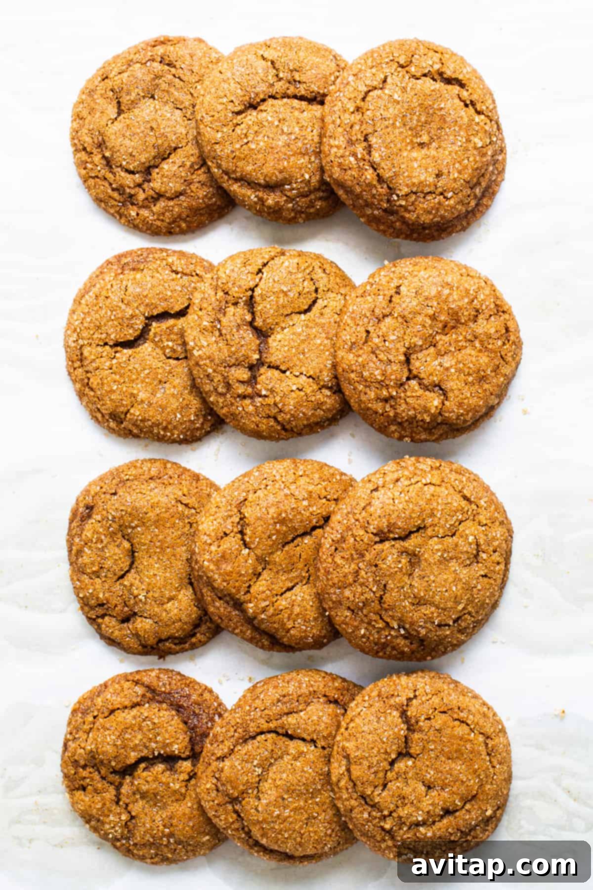 Warm Spiced Pumpkin Ginger Molasses Cookies 5 A neat row of perfectly baked ginger cookies resting on a white surface, showcasing their golden-brown color and crackled tops.
