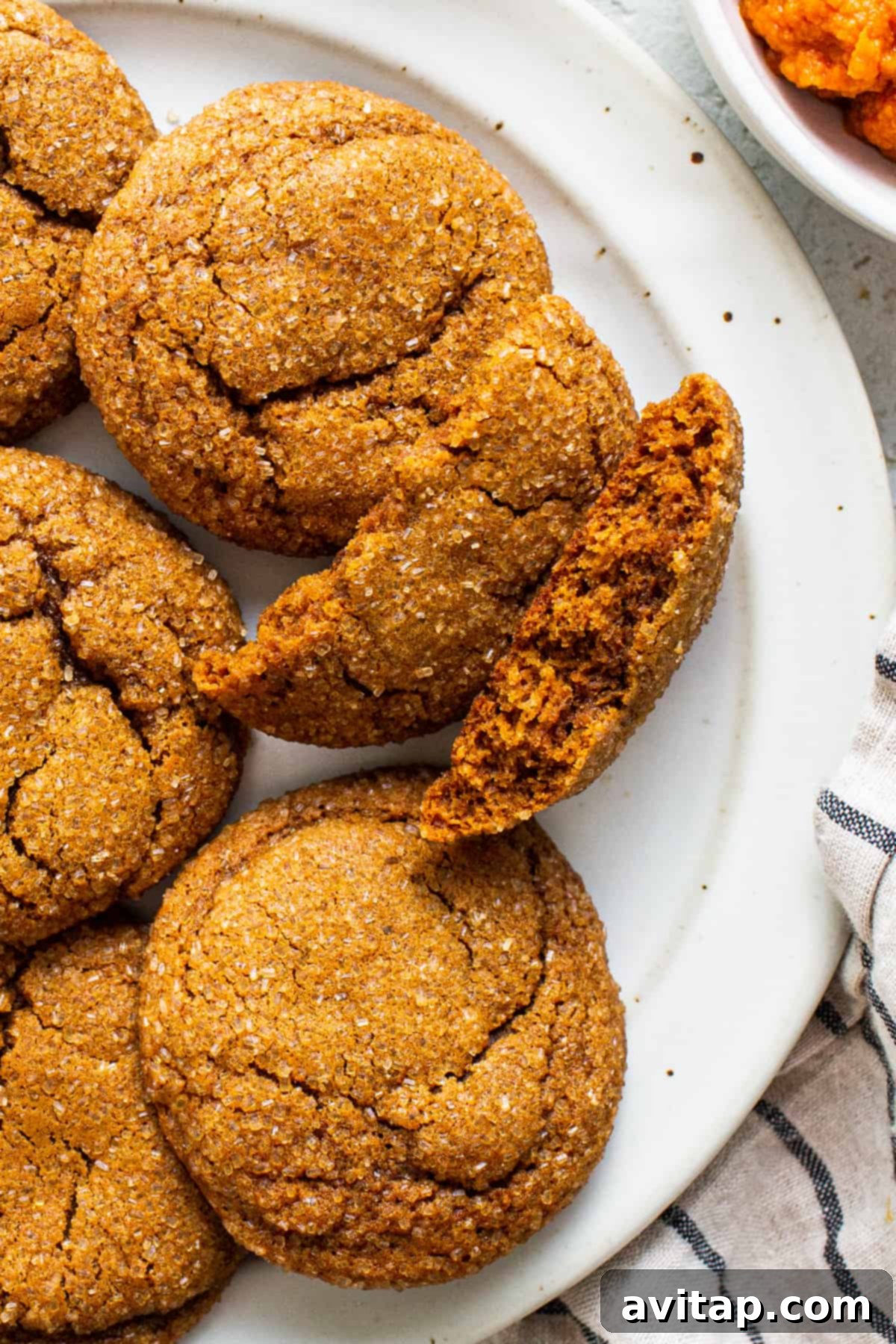 Warm Spiced Pumpkin Ginger Molasses Cookies 8 A close-up of a pumpkin ginger molasses cookie with a bite taken out, revealing its soft, spiced interior.