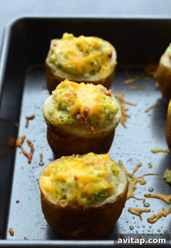 Perfectly baked Lightened Up Broccoli Cheddar Twice Baked Potatoes, golden brown and garnished, ready to be served.