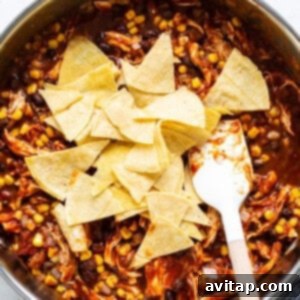 Easy One-Pan Chicken Enchiladas 13 Tortilla triangles being folded into the chicken enchilada mixture in a pan.