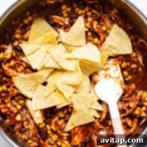 Mexican chicken enchilada in a pan with tortilla chips.