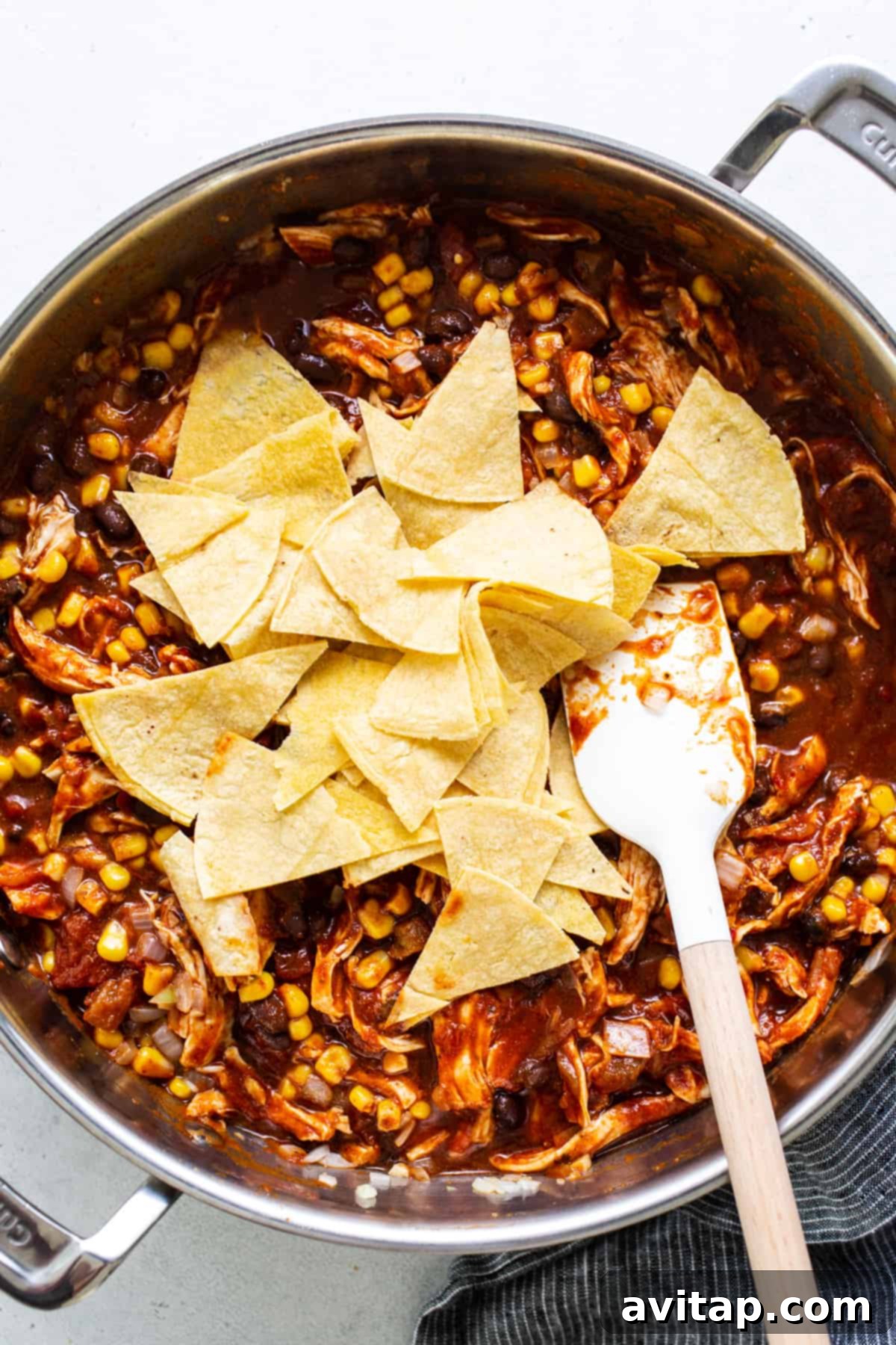Mexican chicken enchilada in a pan with tortilla chips, ready to be served.