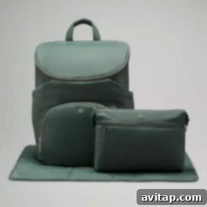Close-up of the Lululemon New Parent Backpack set in emerald green, highlighting the main backpack and its matching detachable crossbody bag.