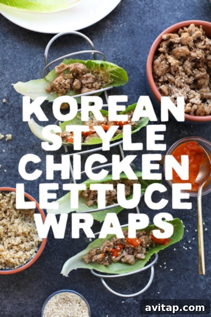 Korean Chicken Lettuce Wraps: Easy & Healthy A close-up shot of Korean chicken lettuce wraps served in a taco holder, with fresh garnishes.