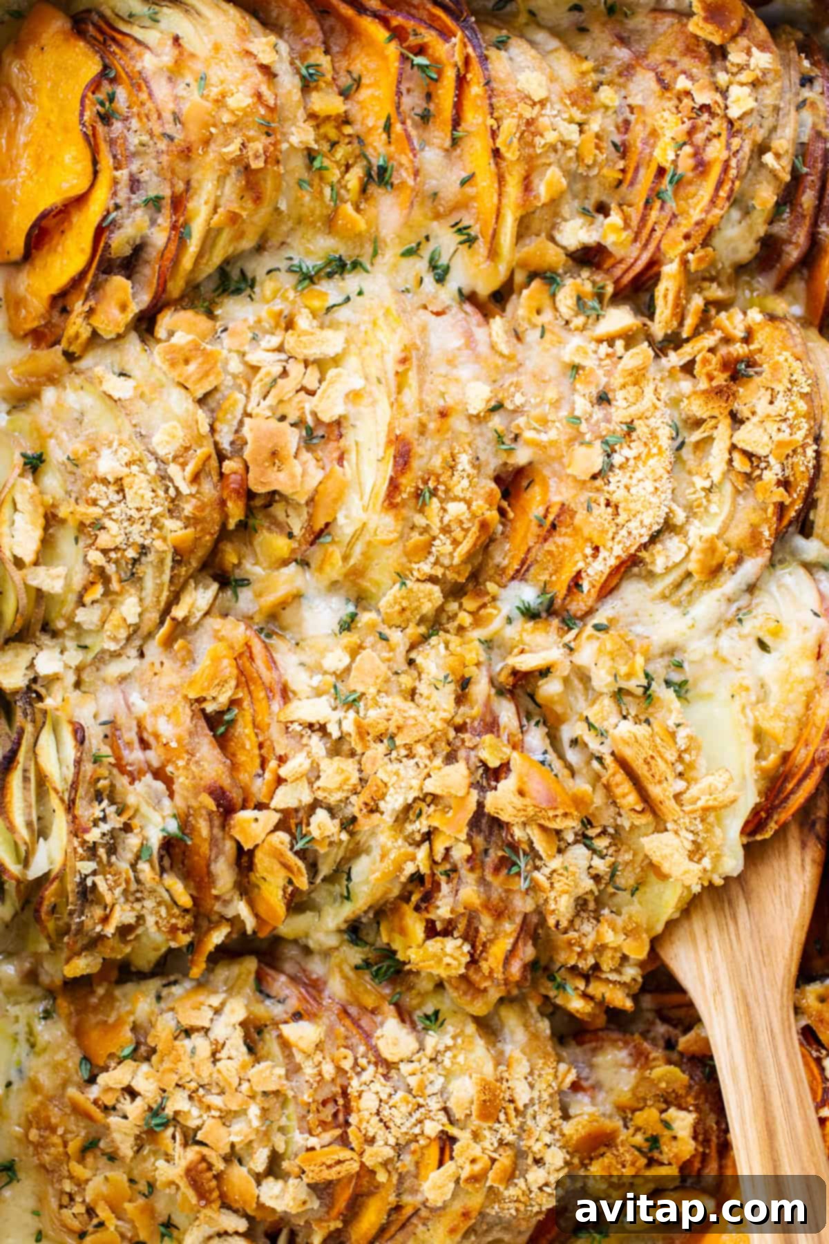 A dish of perfectly baked sweet potato au gratin with a wooden spoon, steaming and ready to be served, garnished with fresh herbs.