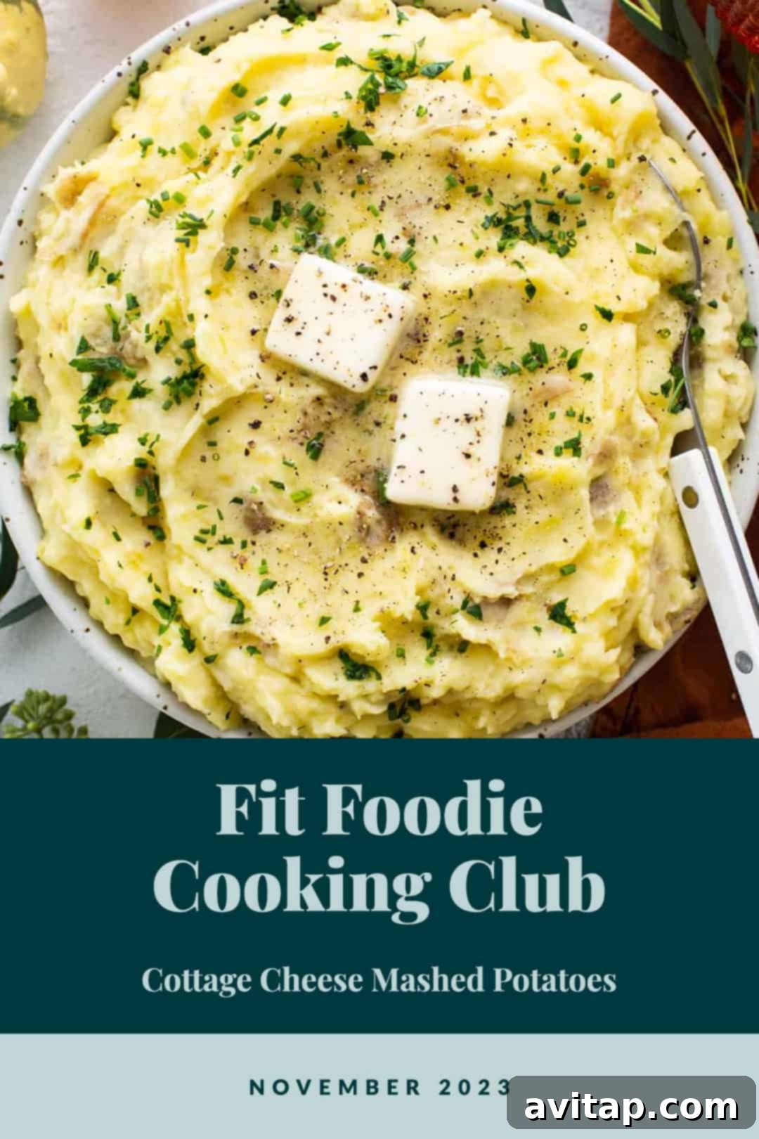 Delicious and creamy whipped cottage cheese mashed potatoes, a perfect holiday side dish from Fit Foodie Cooking Club.