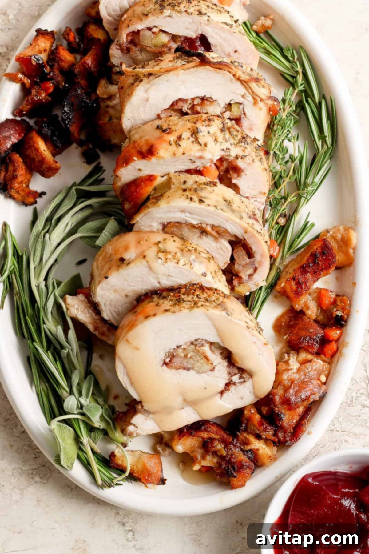 Roasted turkey roulade stuffed with cranberries and sage, beautifully sliced and presented on a serving platter.