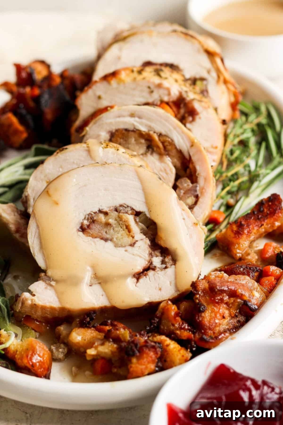 A Thanksgiving turkey roulade with cranberry sauce and fresh herbs, garnished and ready to be served as a centerpiece.