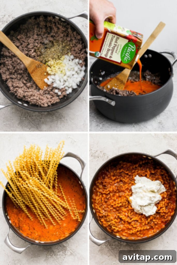 A step-by-step visual guide showing the process of cooking ground beef, adding sauce, cooking pasta, and blending the cheese topping for the One-Pot Lasagna Pasta.