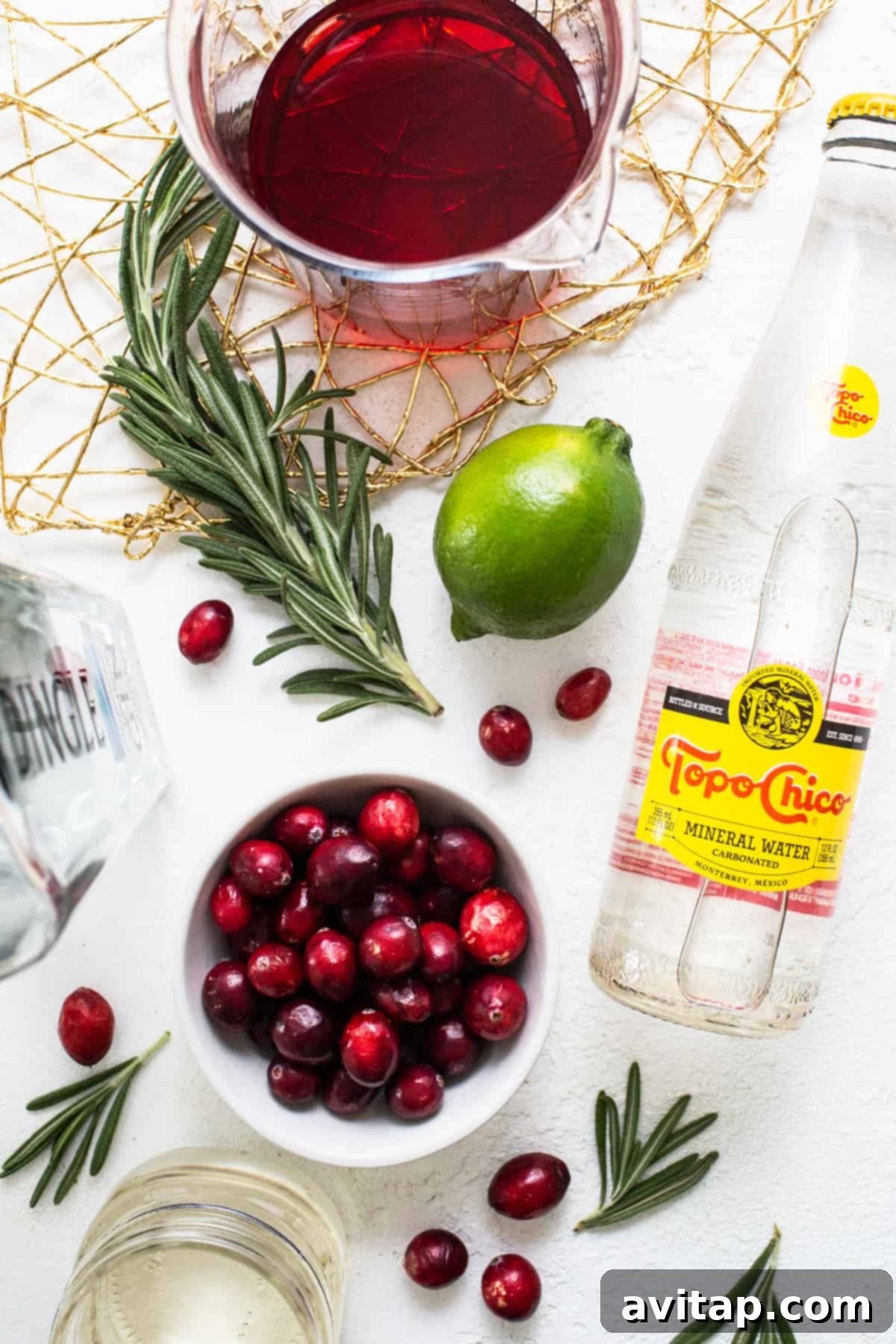 The ingredients for a cranberry gin cocktail, neatly arranged.