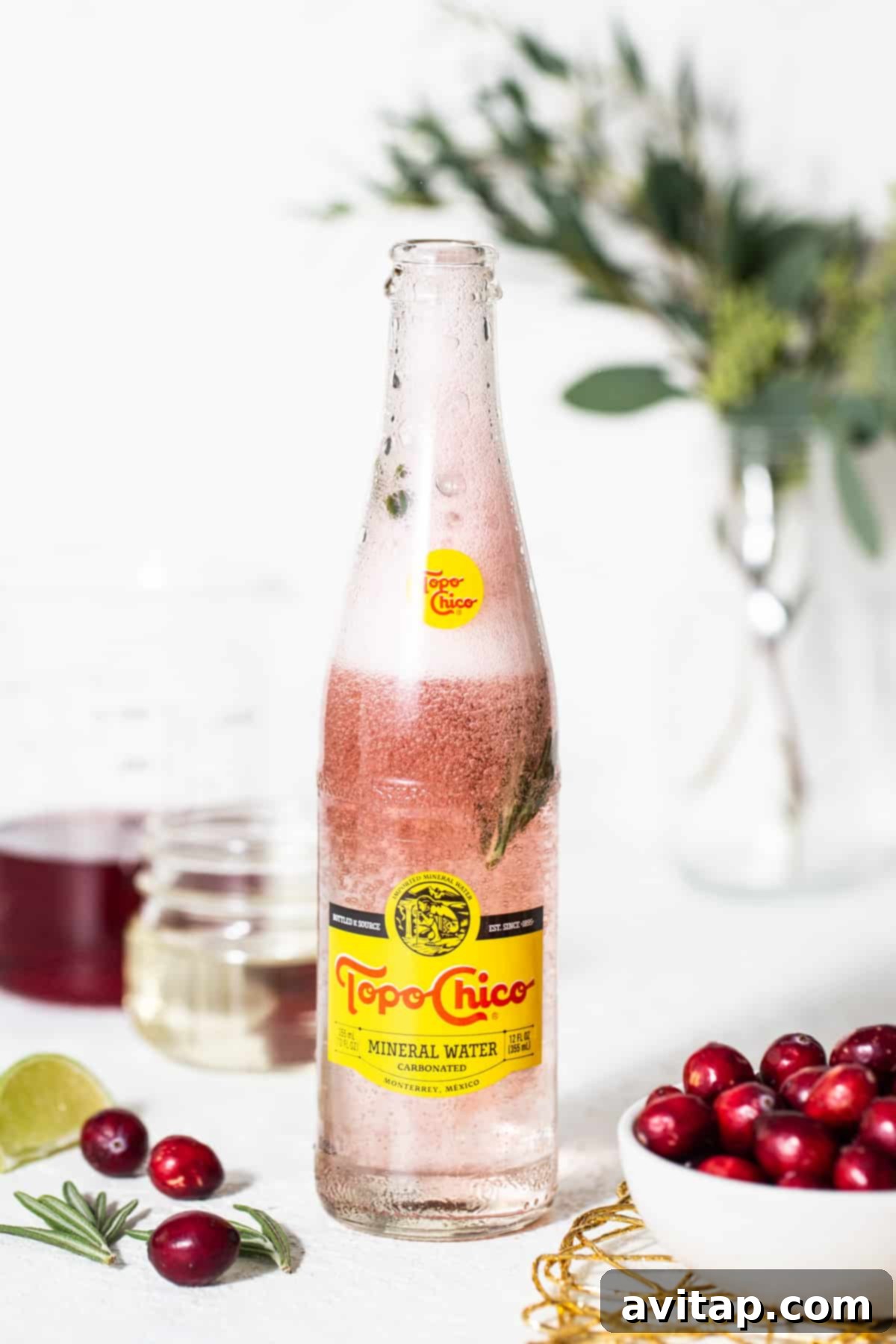A bottle of cranberry gin cocktail with fresh cranberries on a wooden table, ready to be enjoyed.