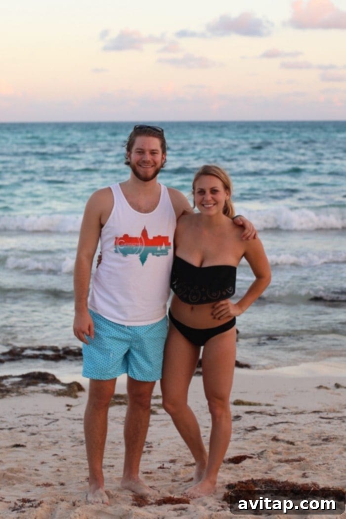 A candid moment of joy during a beach walk with my partner, Mark, in Mexico.