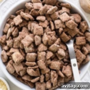 A bowl of chocolate puppy chow with a spoon, ready to eat.