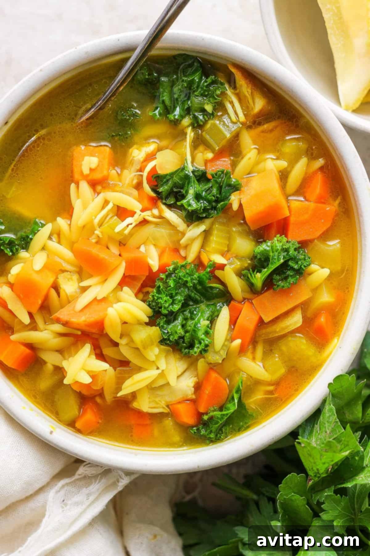 A vibrant bowl of Golden Chicken Orzo Soup, rich with carrots, kale, and delicate orzo pasta, served fresh.