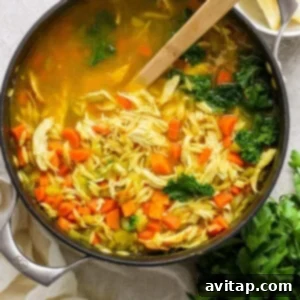 A pot of hearty chicken and orzo soup, rich with vegetables and fresh parsley, ready to serve.